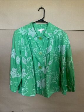 JM Collection. Green Floral Button-Up Jacket. Linen Size 16W